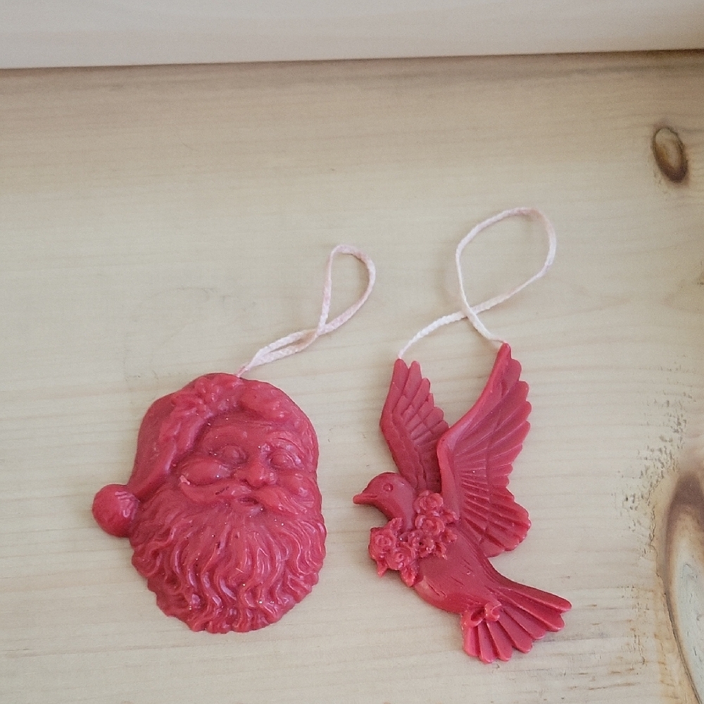 Vintage Red Santa and Bird Wax Ornaments